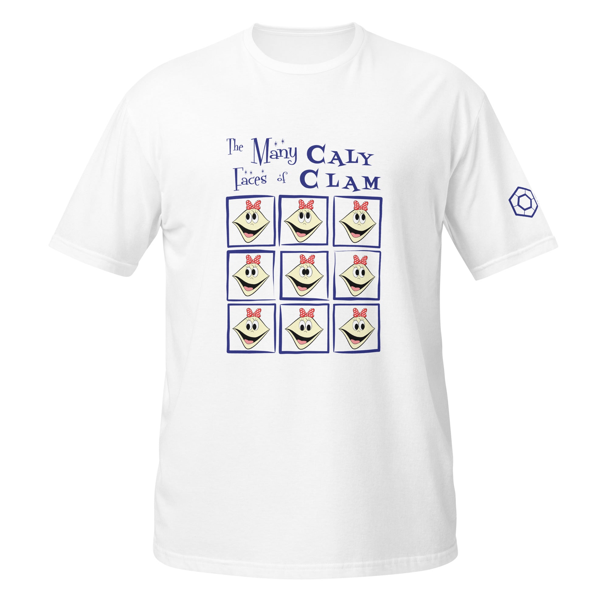 White t-shirt with 'The Many Faces of Caly Clam' graphic design on a white background