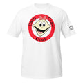 A white short-sleeve crewneck t-shirt featuring a circular graphic on the chest with a cartoon face inside a red circle and the text ‘Caly Clam Club'. 