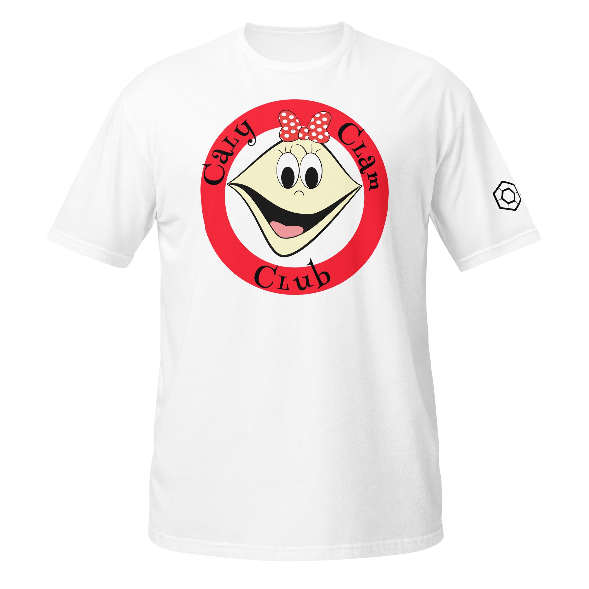 A white short-sleeve crewneck t-shirt featuring a circular graphic on the chest with a cartoon face inside a red circle and the text ‘Caly Clam Club'. 