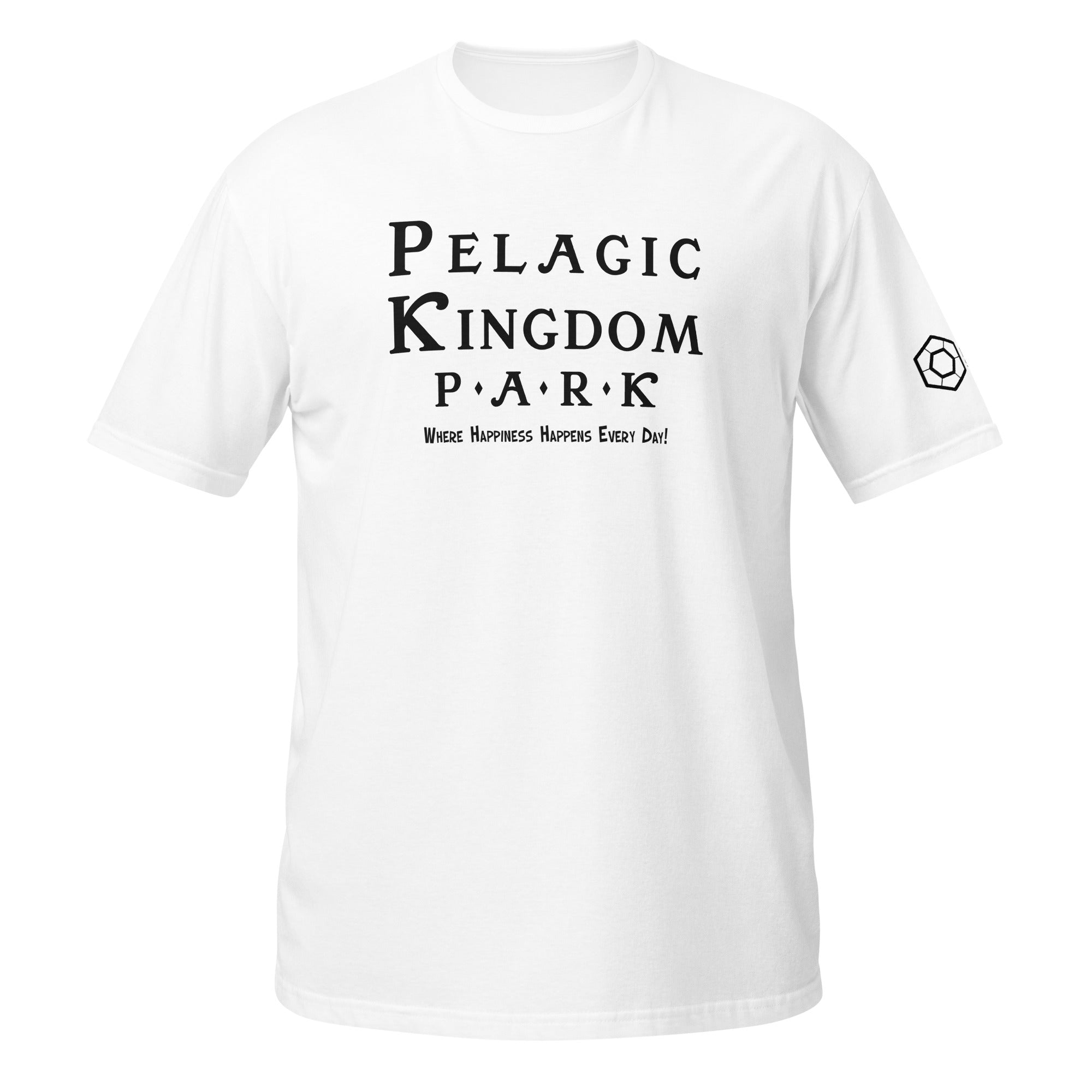 A white short-sleeve crewneck t-shirt with the Pelagic Kingdom Park logo printed in on the chest, shown against a plain white background.