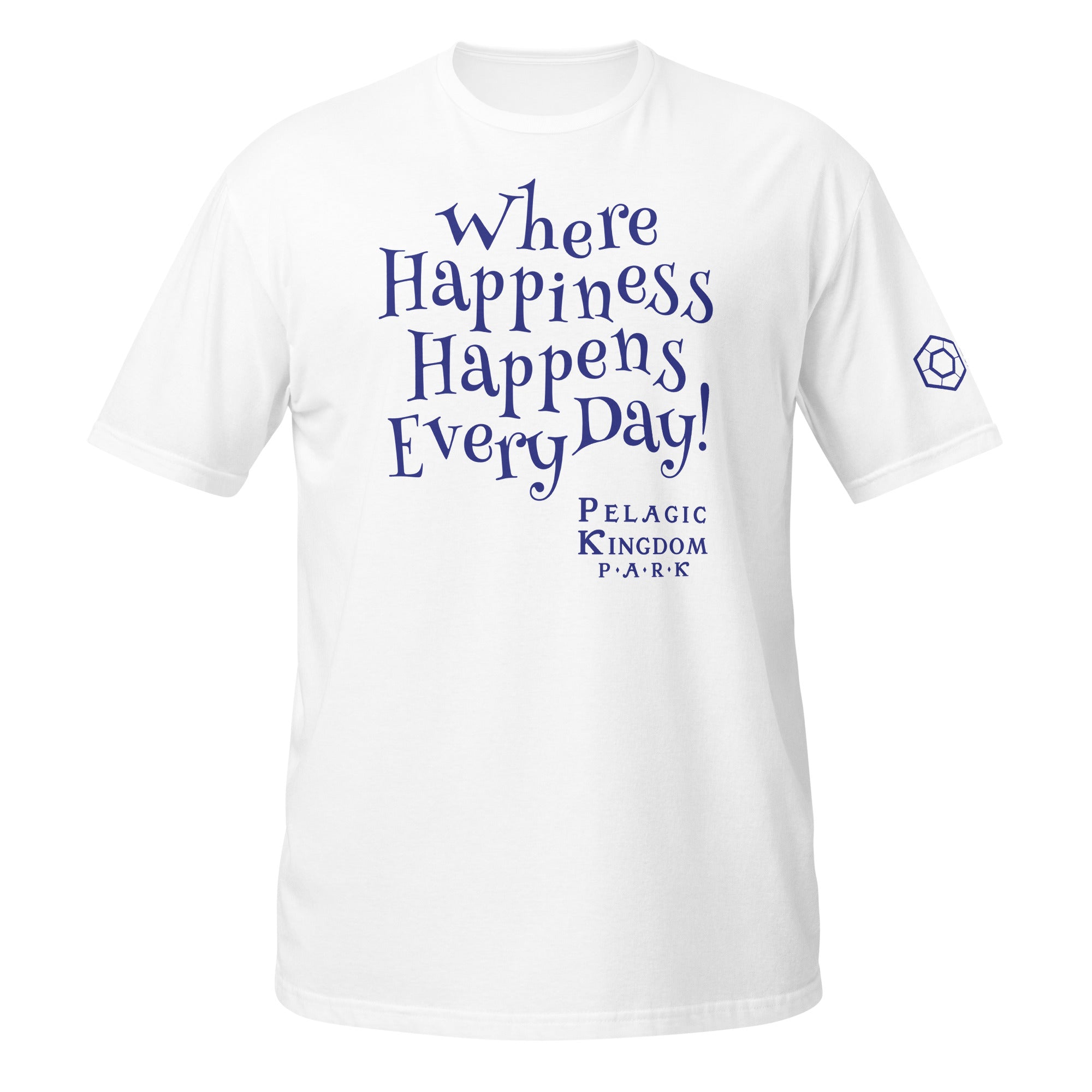 A white short-sleeve t-shirt with white text on the front reading 'Where Happiness Happens Every Day!' and the Pelagic Kingdom Park logo below.