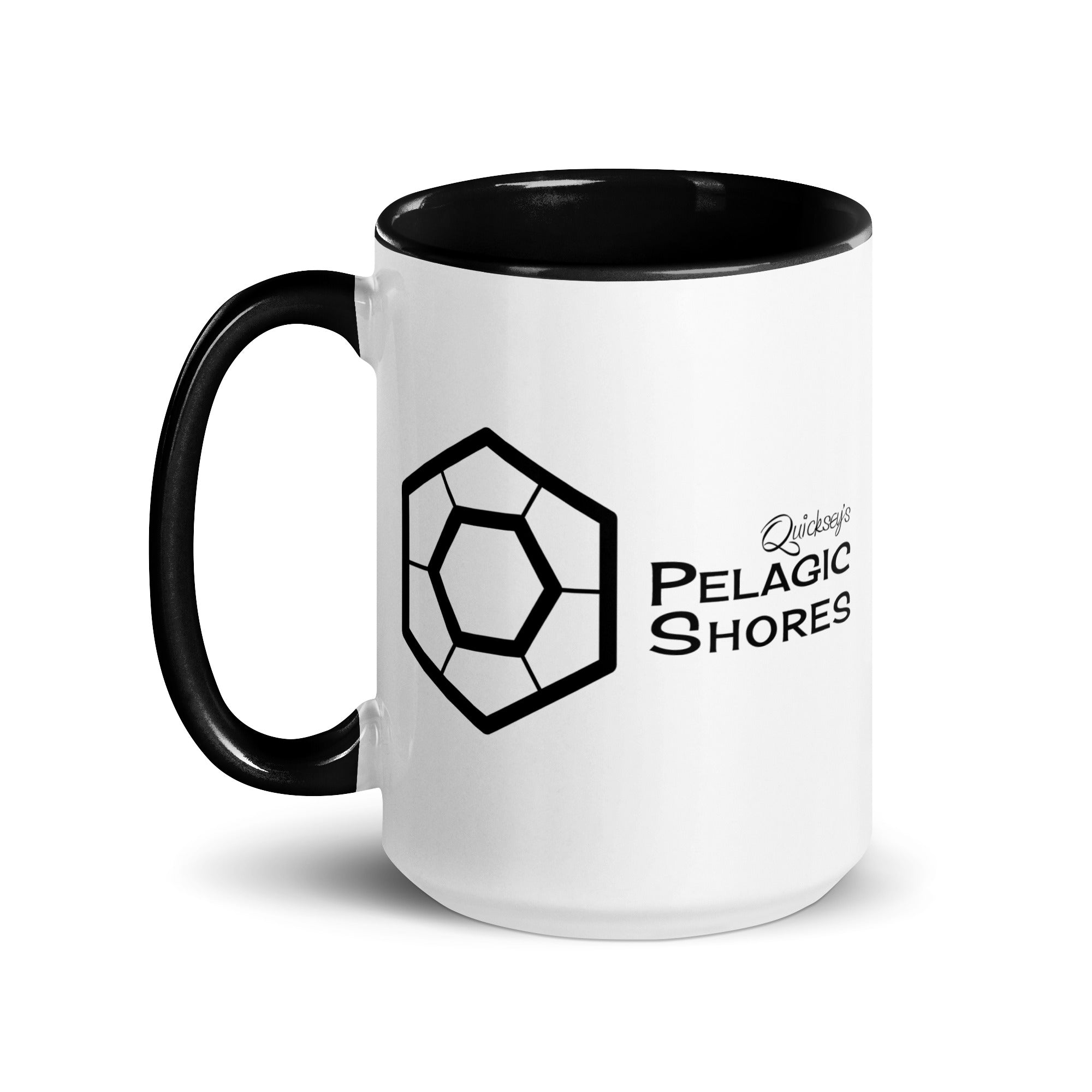 White ceramic mug with black inside and black handle and black Pelagic Shores logo on the outside.