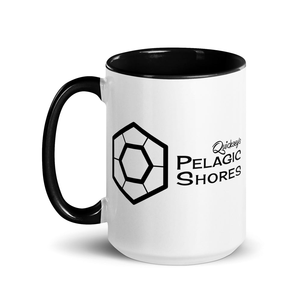 White mug with black interior and handle, featuring a Pelagic Shores logo on a white background