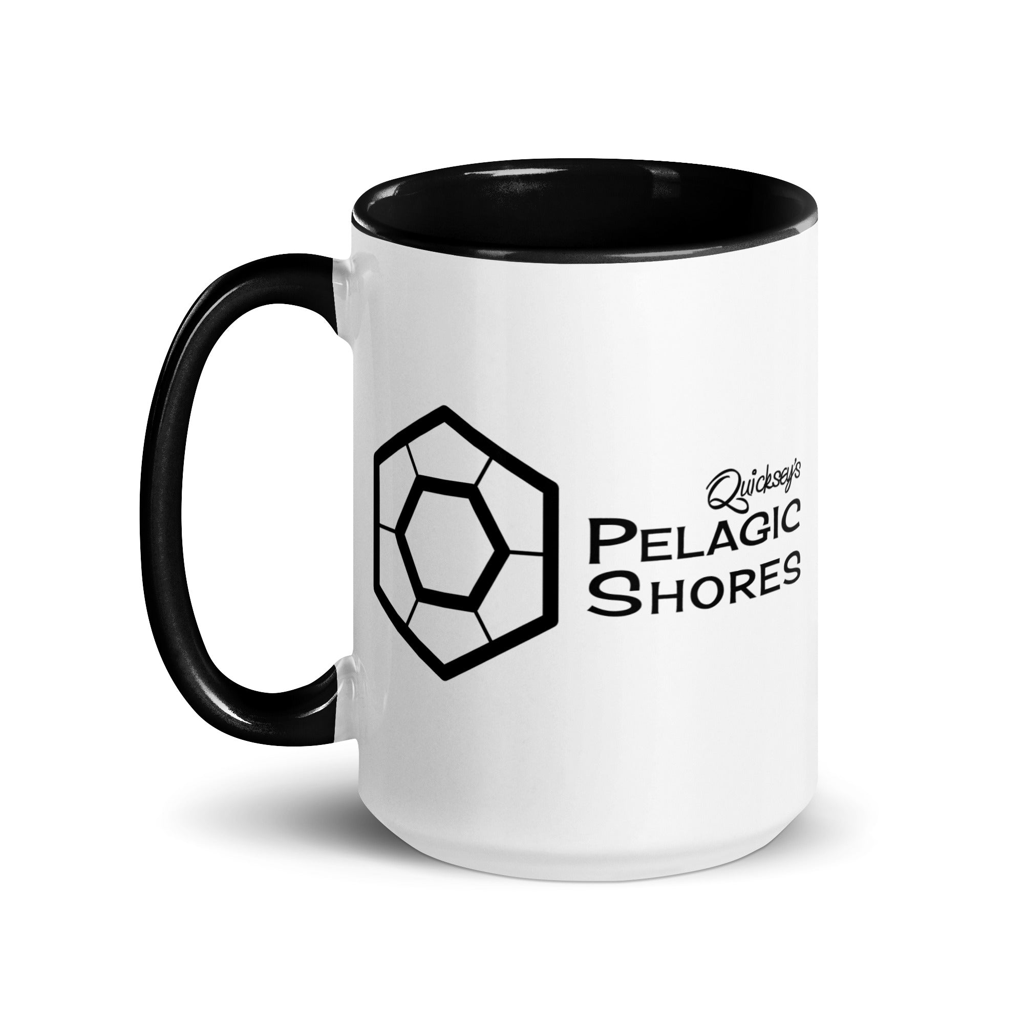 White mug with black interior and handle, featuring a Pelagic Shores logo on a white background