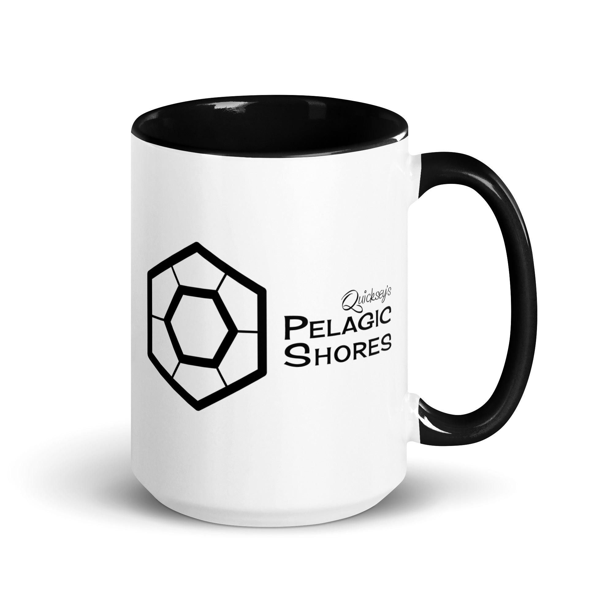 White ceramic mug with black inside and black handle and black Pelagic Shores logo on the outside.
