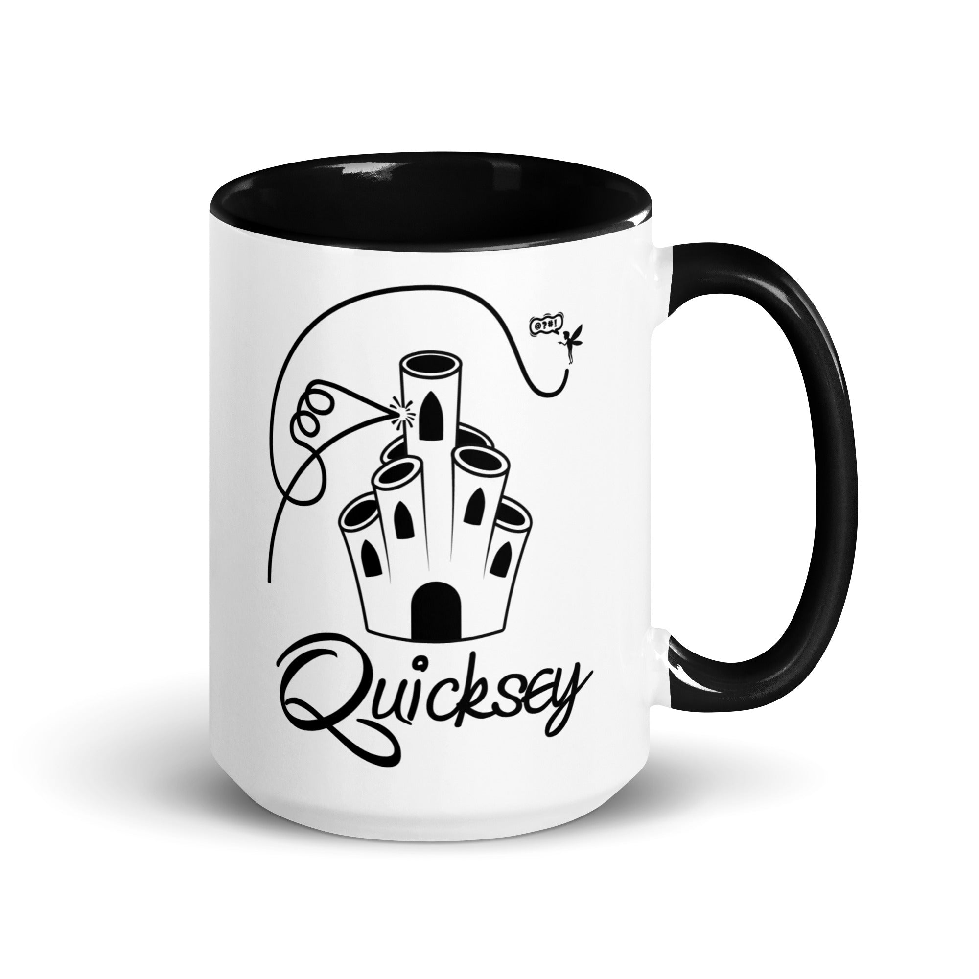 White mug with black interior and handle featuring a castle design and Quicksey logo.