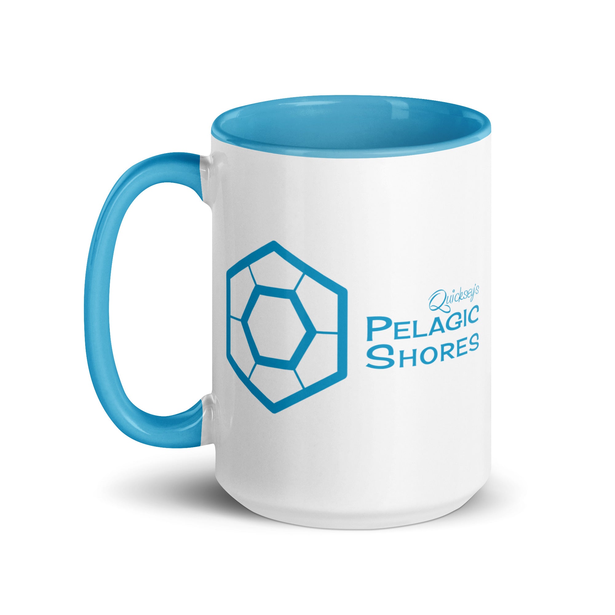 White ceramic mug with blue inside and blue handle and blue Pelagic Shores logo on the outside.