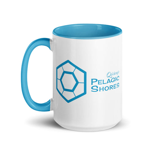 White ceramic mug with blue inside and blue handle and blue Pelagic Shores logo on the outside.