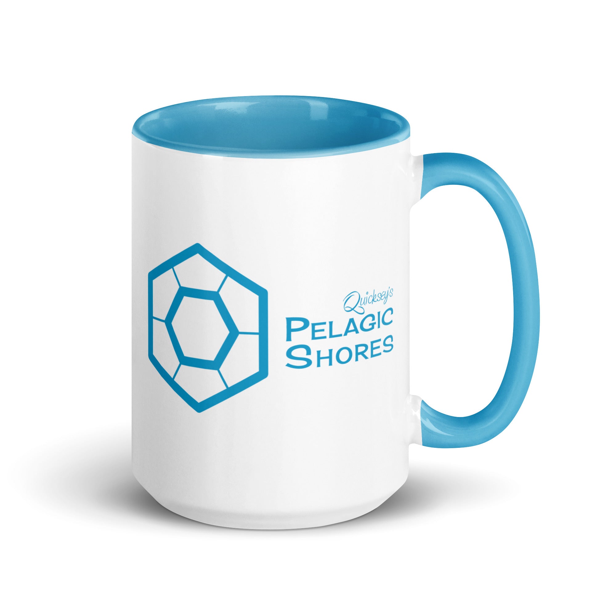 White ceramic mug with blue inside and blue handle and blue Pelagic Shores logo on the outside.