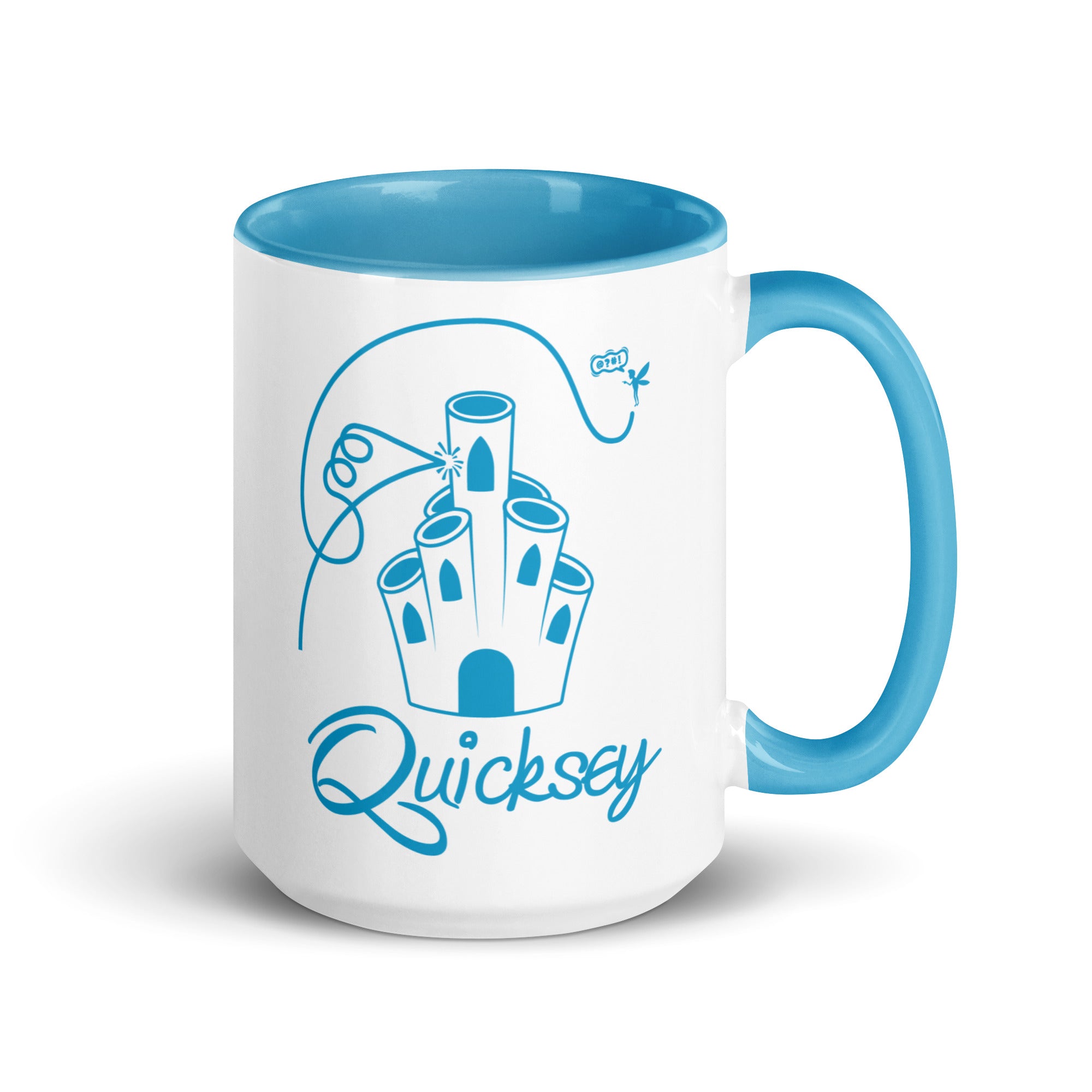 White mug with blue interior and handle featuring a castle design and Quicksey logo.