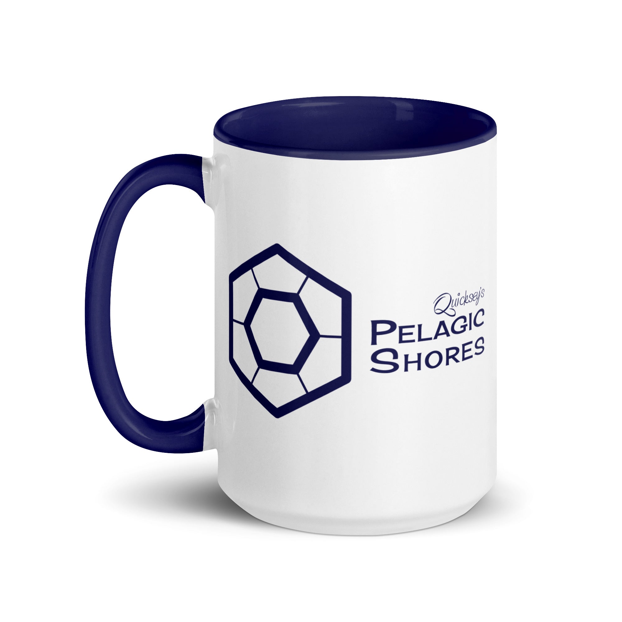 White ceramic mug with dark blue inside and dark blue handle and dark blue Pelagic Shores logo on the outside.