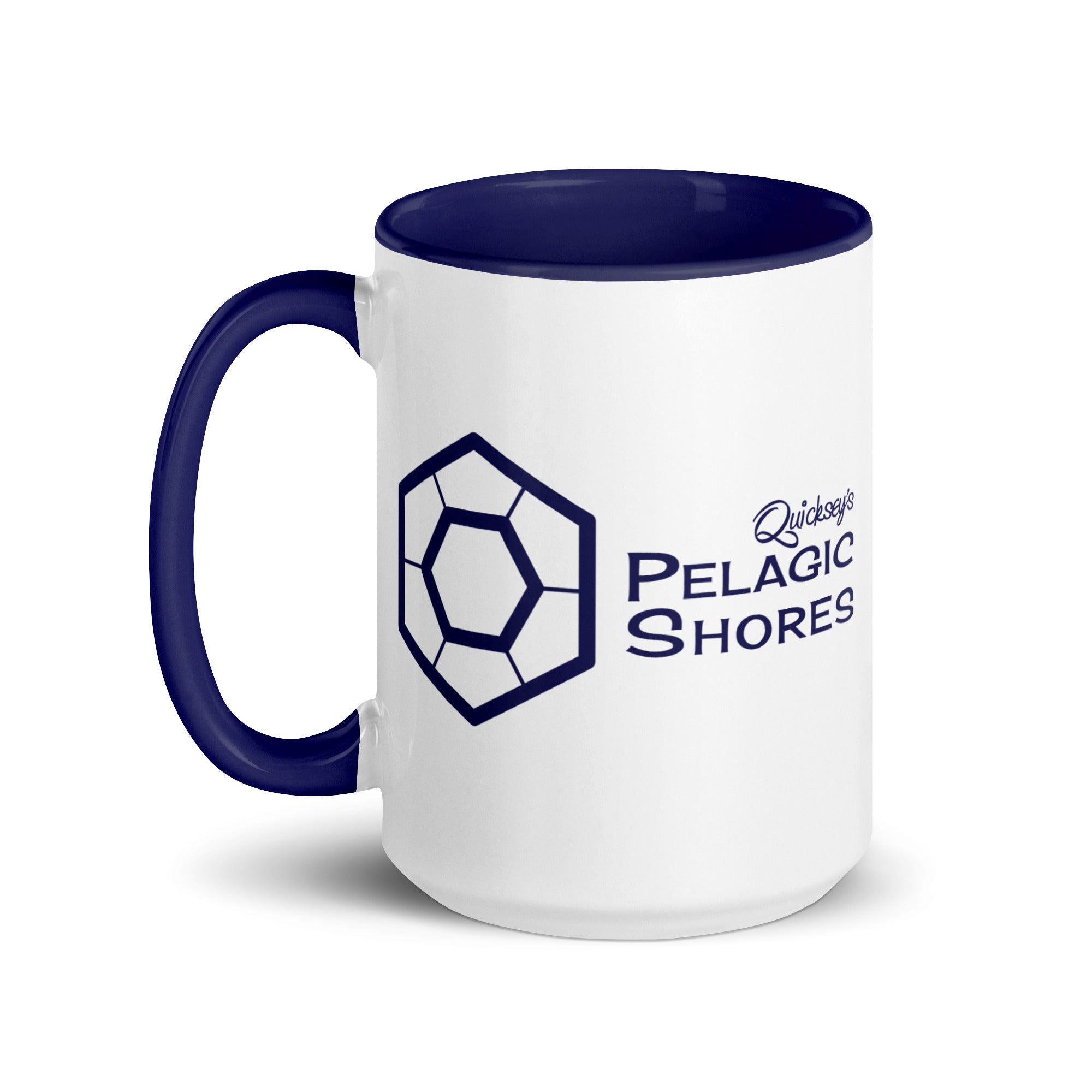 White mug with dark blue interior and handle, featuring a Pelagic Shores logo on a white background