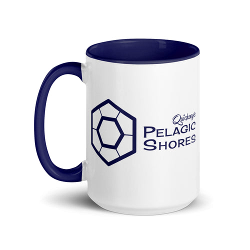 White mug with dark blue interior and handle, featuring a Pelagic Shores logo on a white background