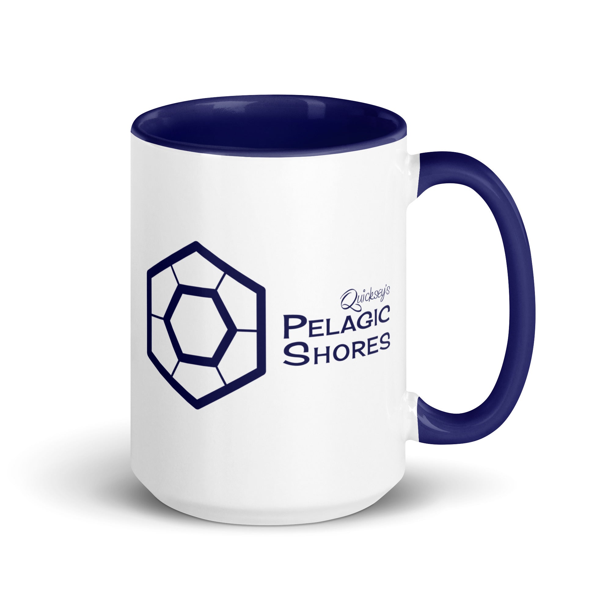 White ceramic mug with dark blue inside and dark blue handle and dark blue Pelagic Shores logo on the outside.