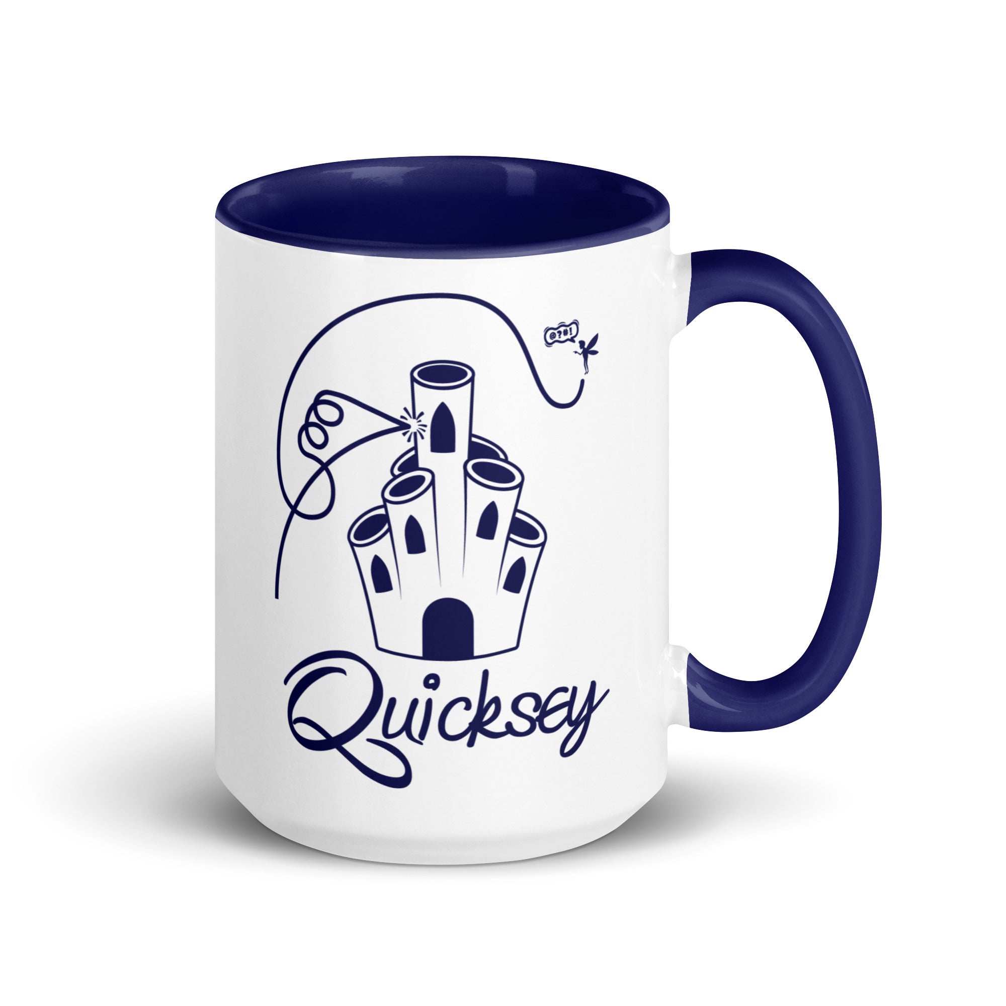 White mug with dark blue interior and handle featuring a castle design and Quicksey logo.