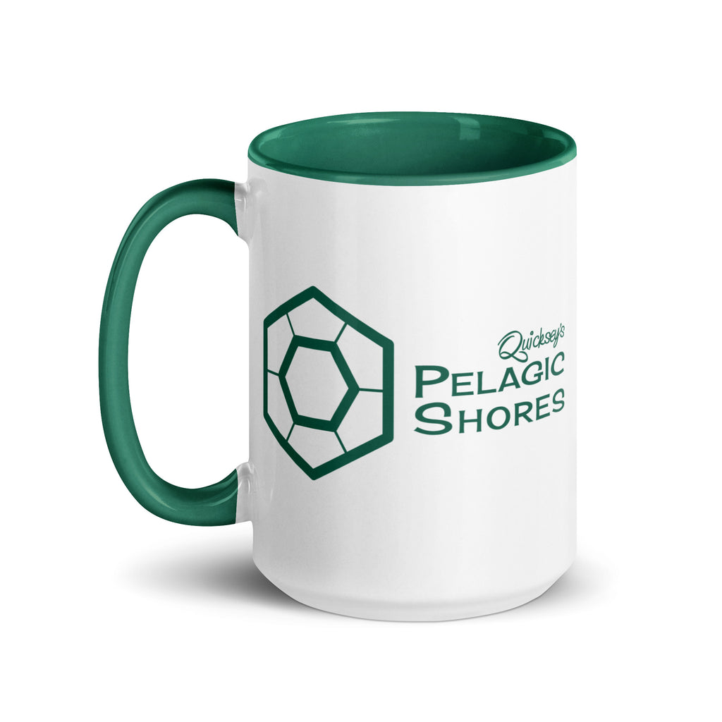 White mug with dark green interior and handle, featuring a Pelagic Shores logo on a white background