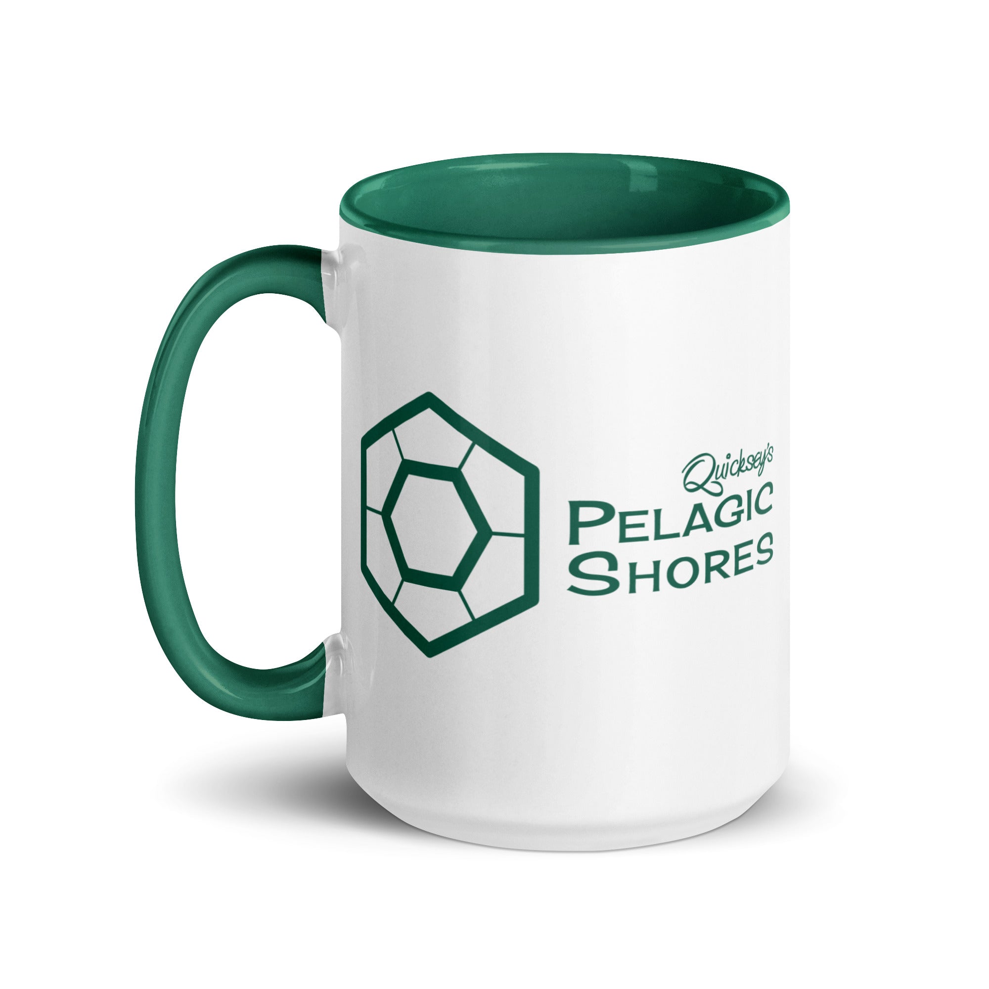 White mug with dark green interior and handle, featuring a Pelagic Shores logo on a white background
