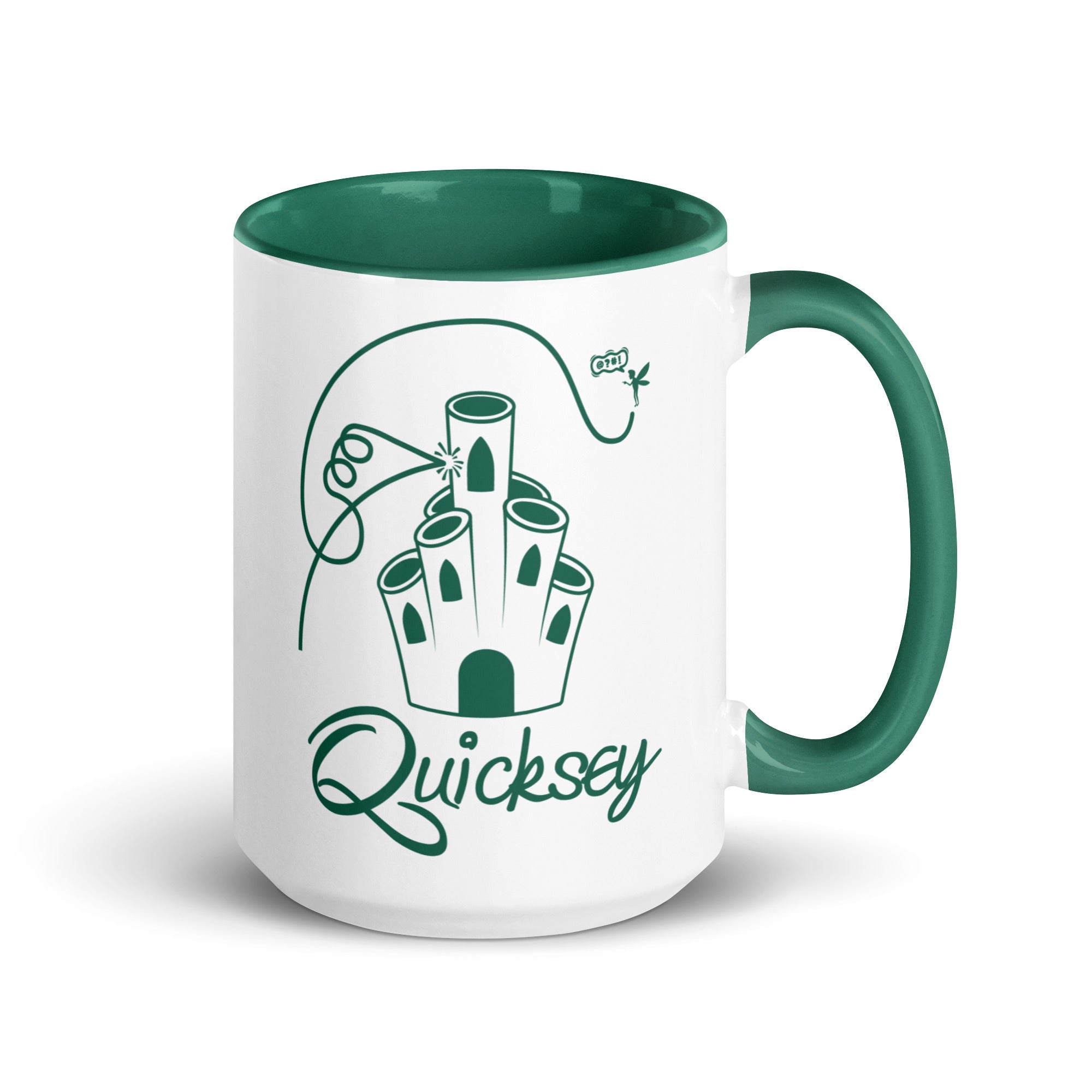 White mug with dark green interior and handle featuring a castle design and Quicksey logo.