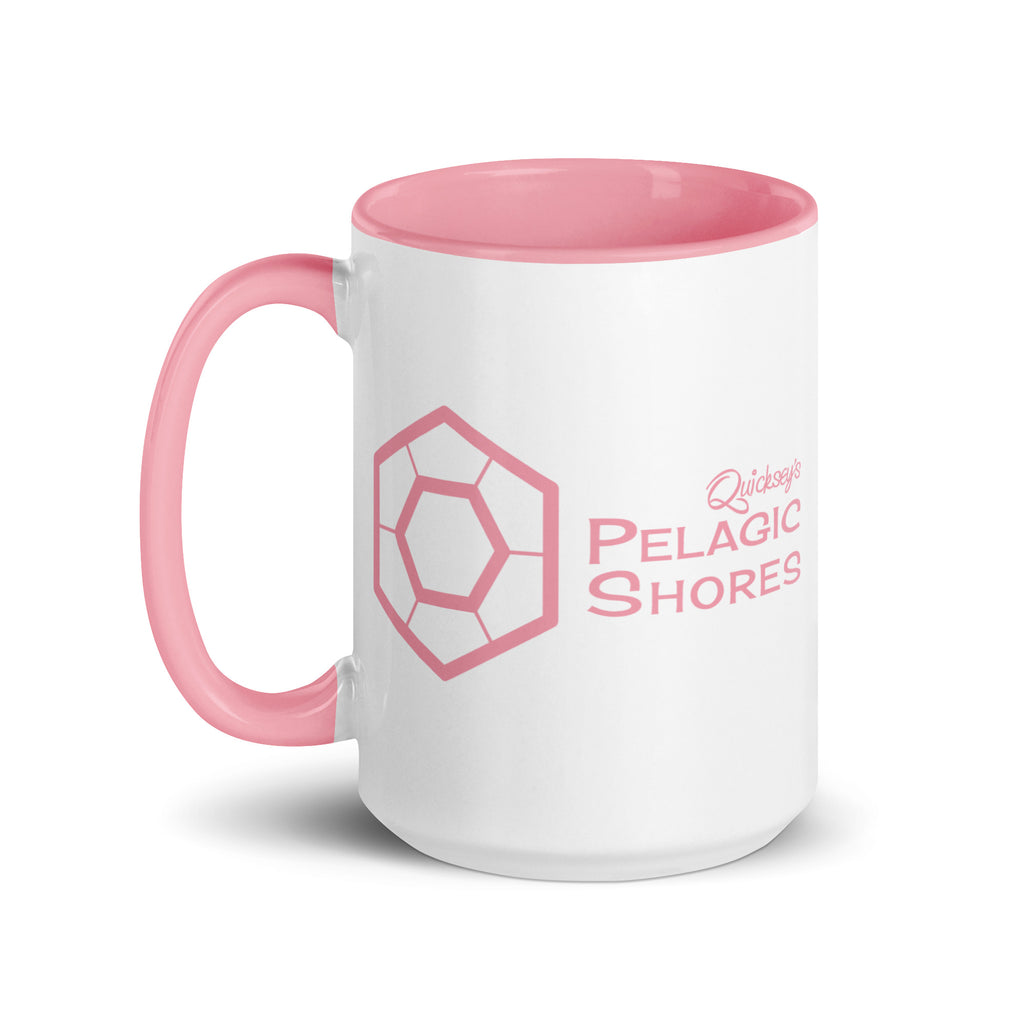 White mug with pink interior and handle, featuring a Pelagic Shores logo on a white background