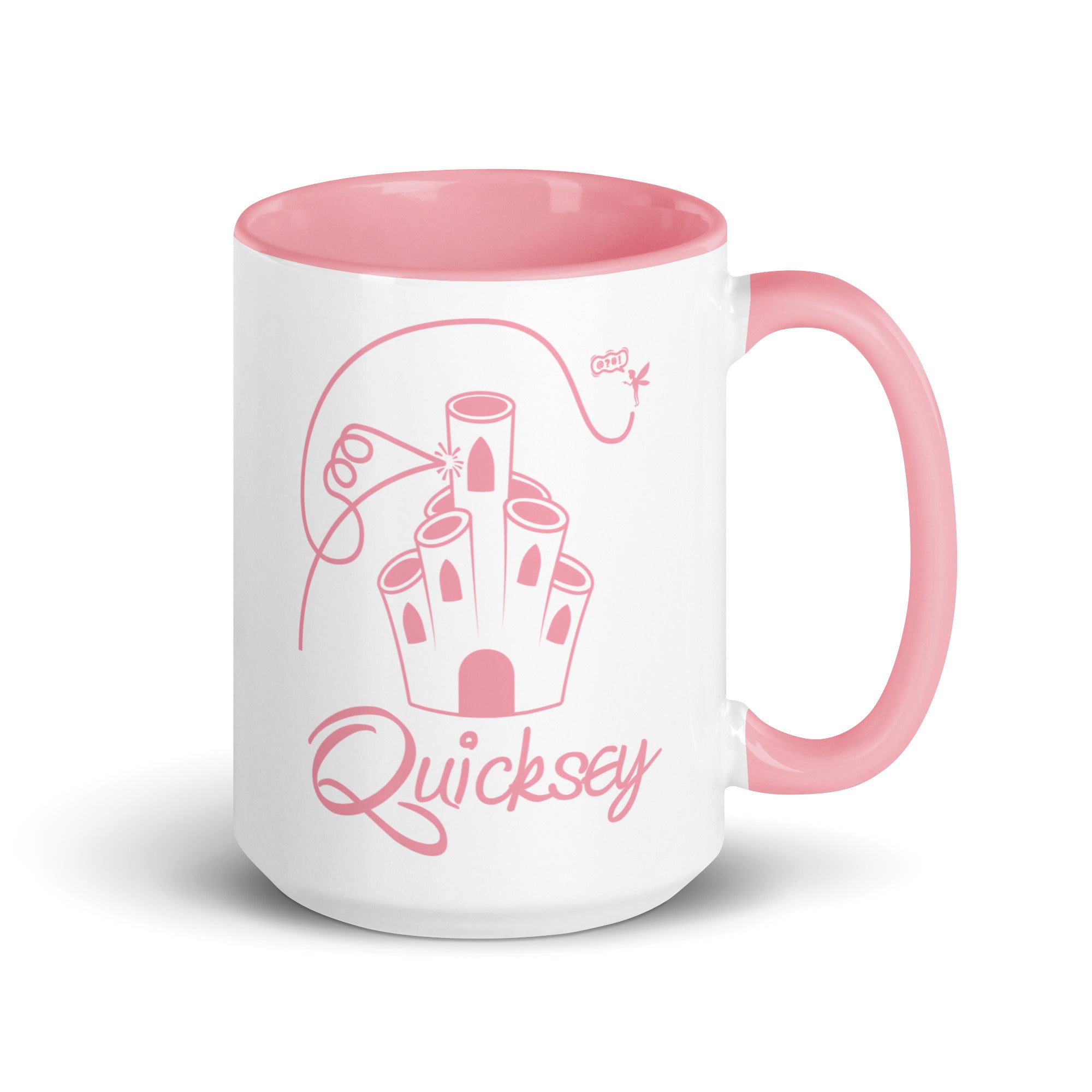 White mug with pink interior and handle featuring a castle design and Quicksey logo.