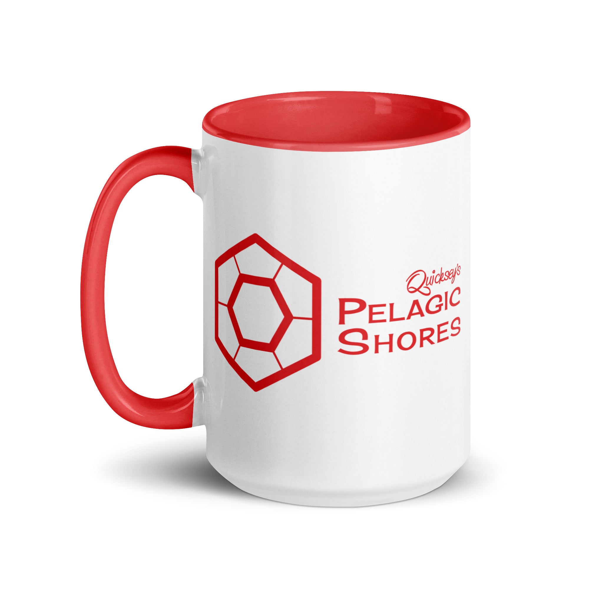White mug with red interior and handle, featuring a Pelagic Shores logo on a white background
