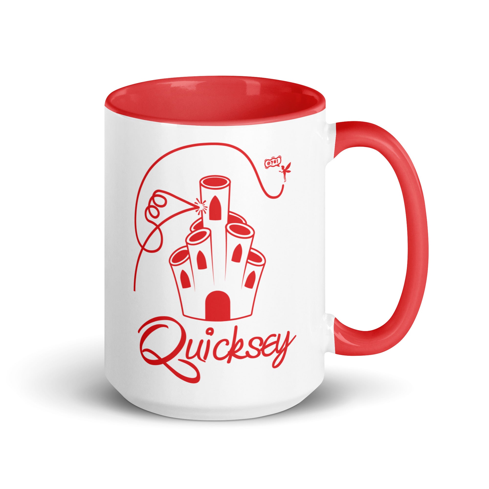 White mug with red interior and handle featuring a castle design and Quicksey logo.