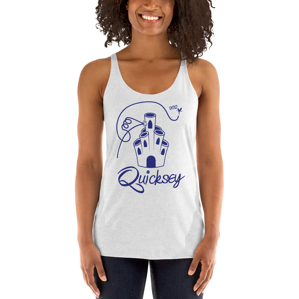 Woman wearing a white tank top with a blue castle design and 'Quicksey' text on a white background