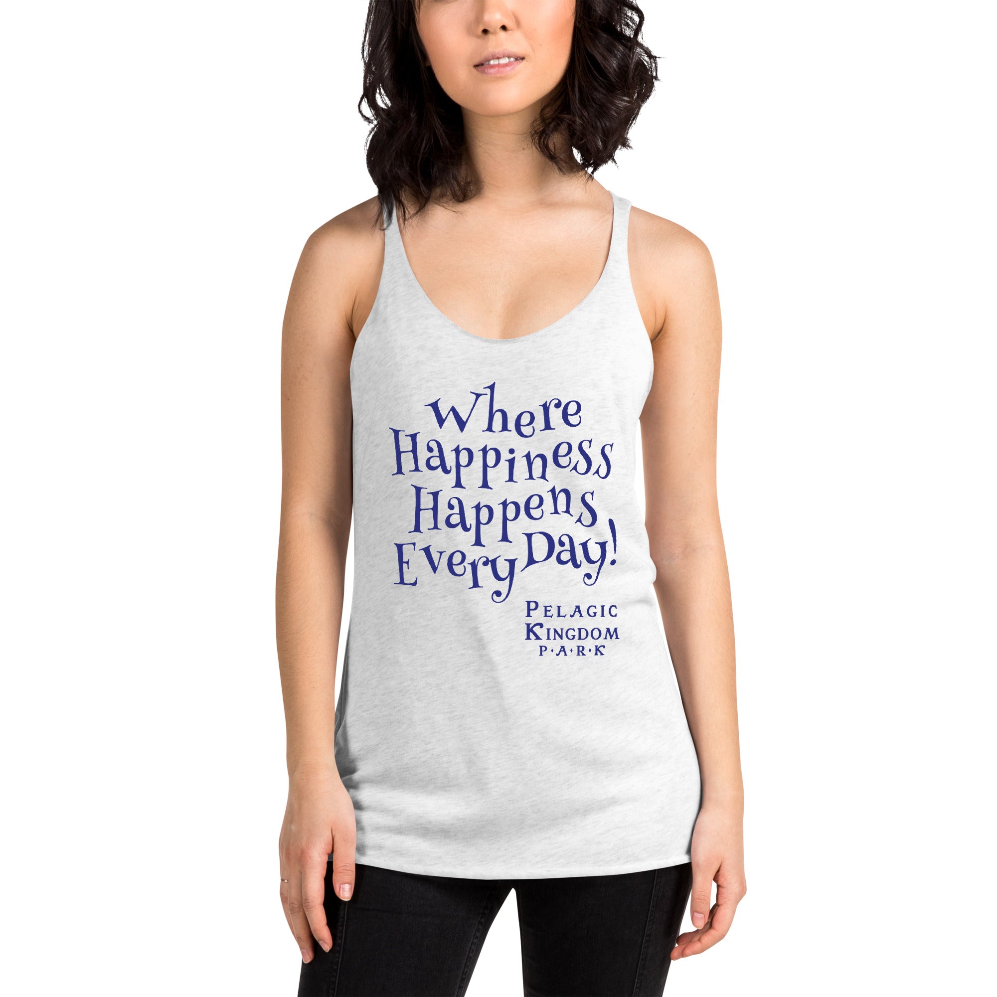 Woman wearing a white tank top with blue text on a white background