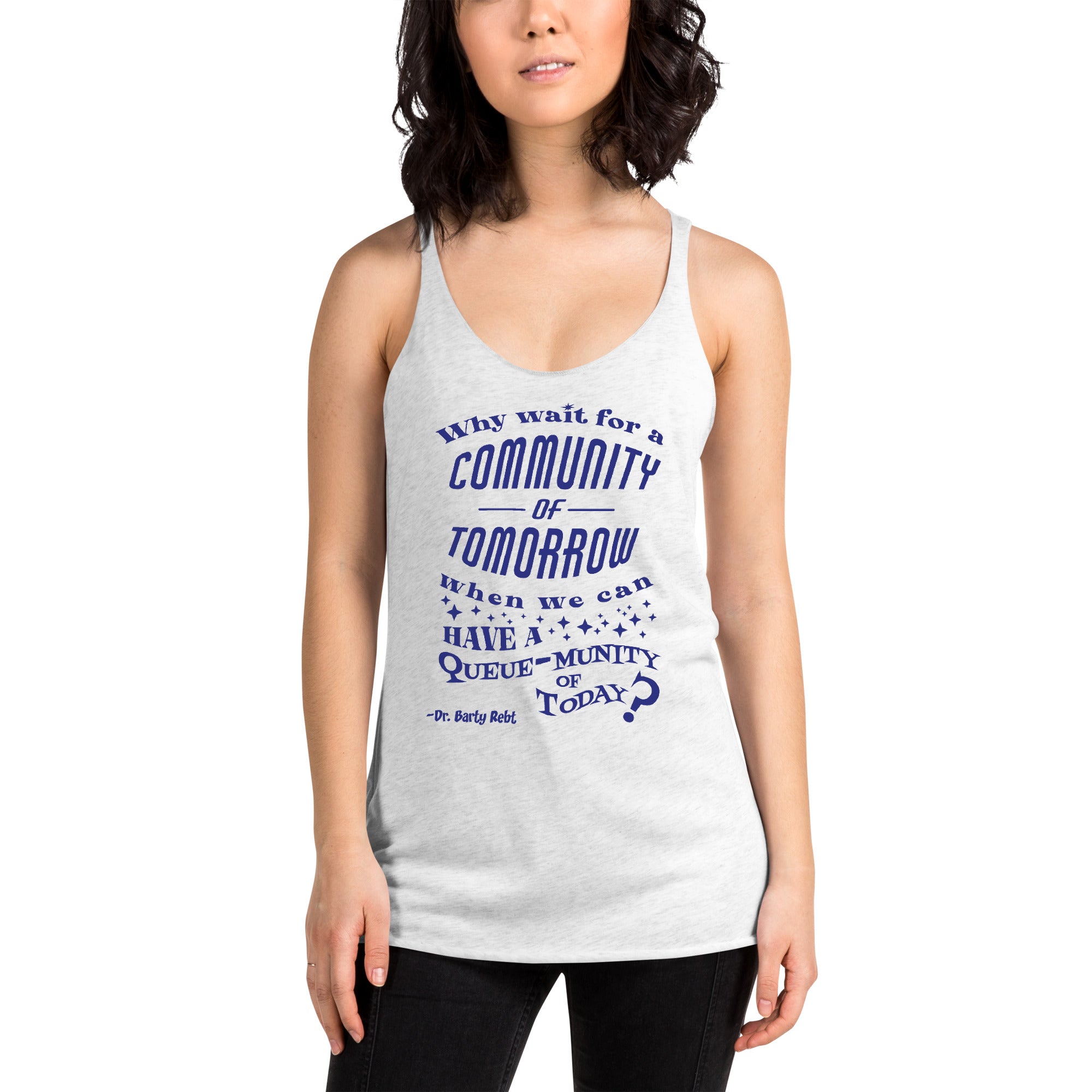 Woman wearing a white tank top with blue text on a white background
