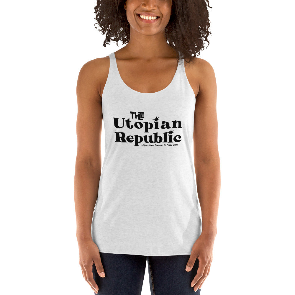 Woman wearing a white tank top with 'The Utopian Republic' text on a white background