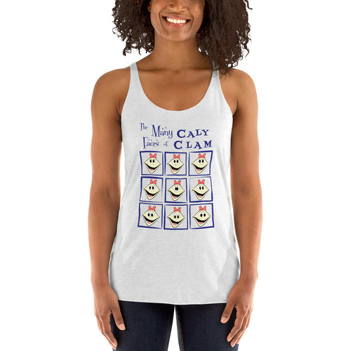 Person wearing a white tank top with the many faces of caly clam design on a white background