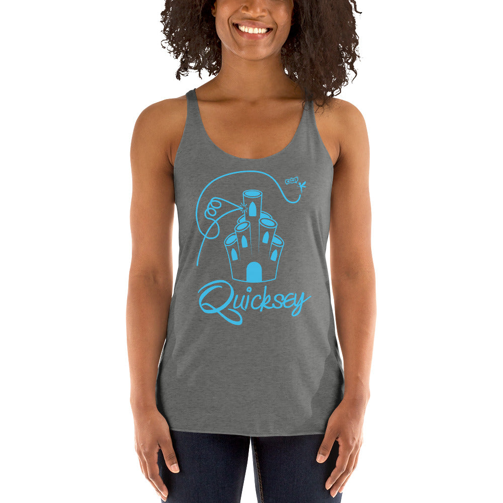 Woman wearing a gray tank top with a blue graphic and 'Quicksey' text on a white background