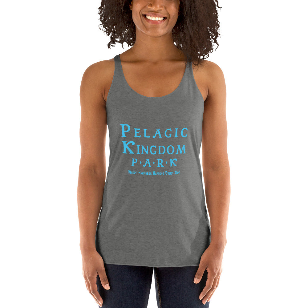 Woman wearing a gray tank top with 'Pelagic Kingdom Park' text on a white background
