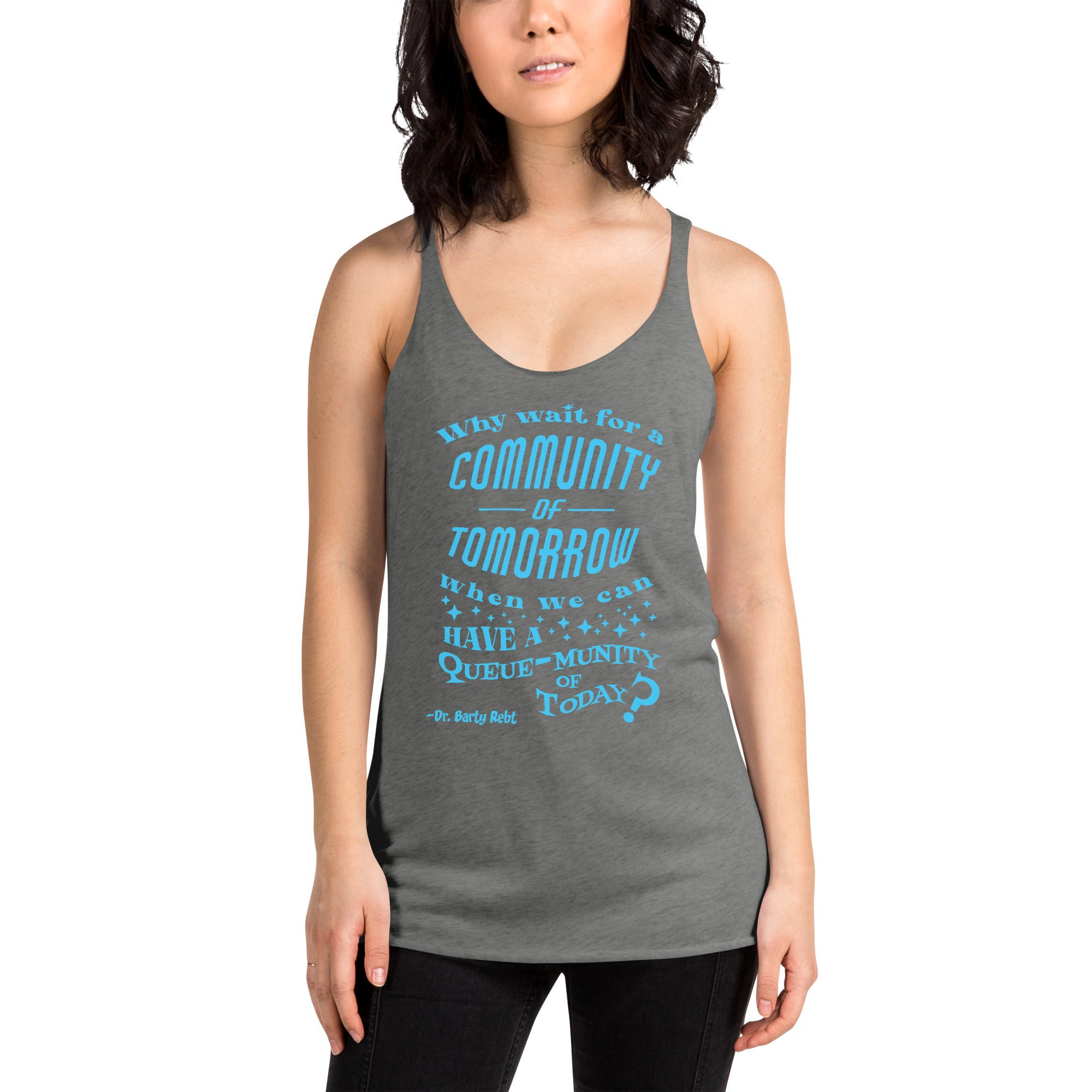 Woman wearing a gray tank top with blue text on a white background