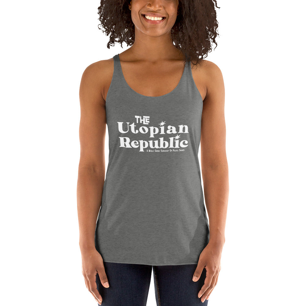 Woman wearing a gray tank top with 'The Utopian Republic' text on a white background