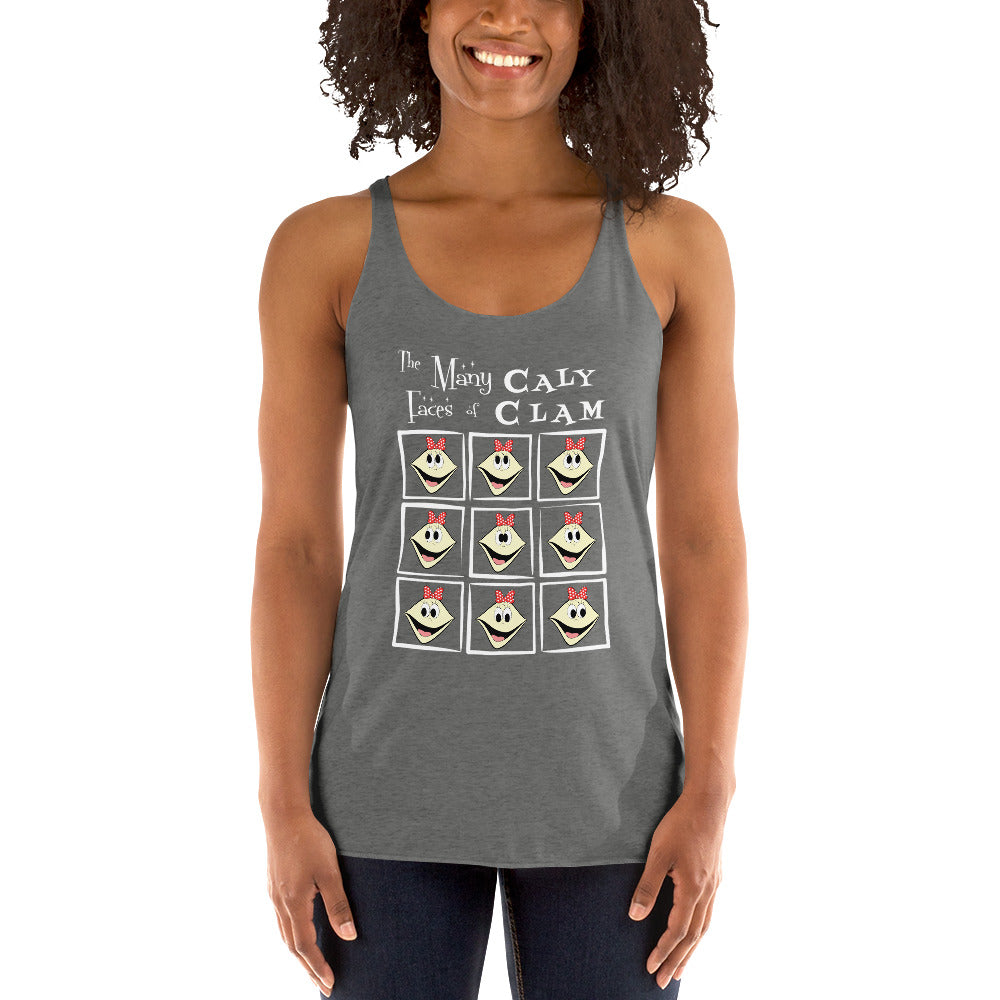 Person wearing a heather gray tank top with the many faces of caly clam design on a white background