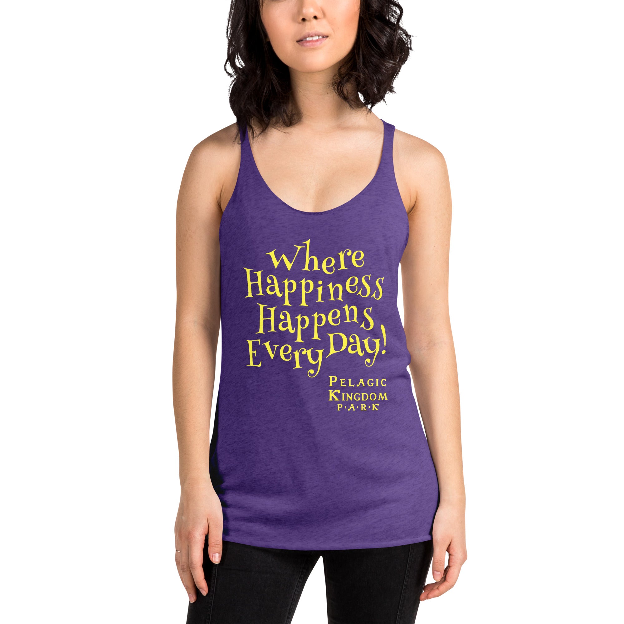 Woman wearing a purple tank top with the phrase ‘Where happiness happens every day!' on a white background