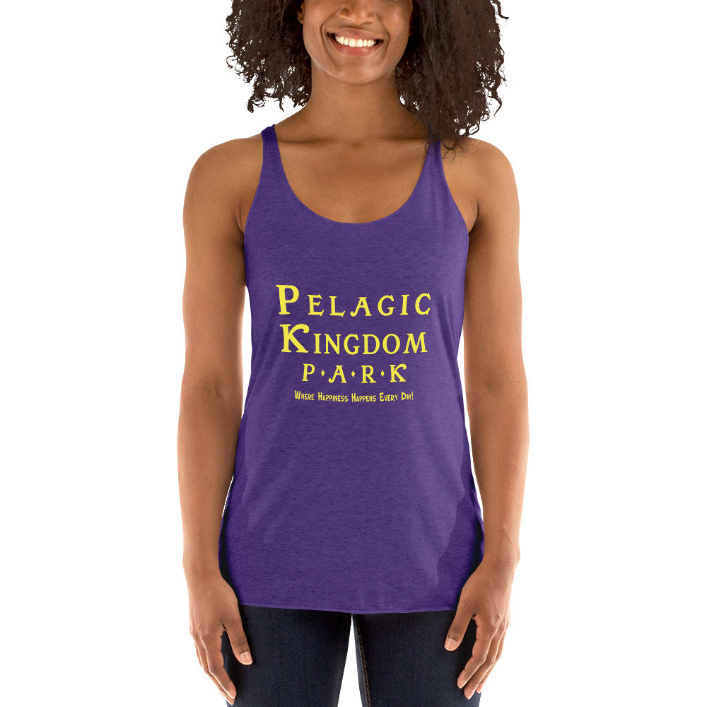 Woman wearing a purple tank top with yellow ‘Pelagic Kingdom Park’ text on a white background