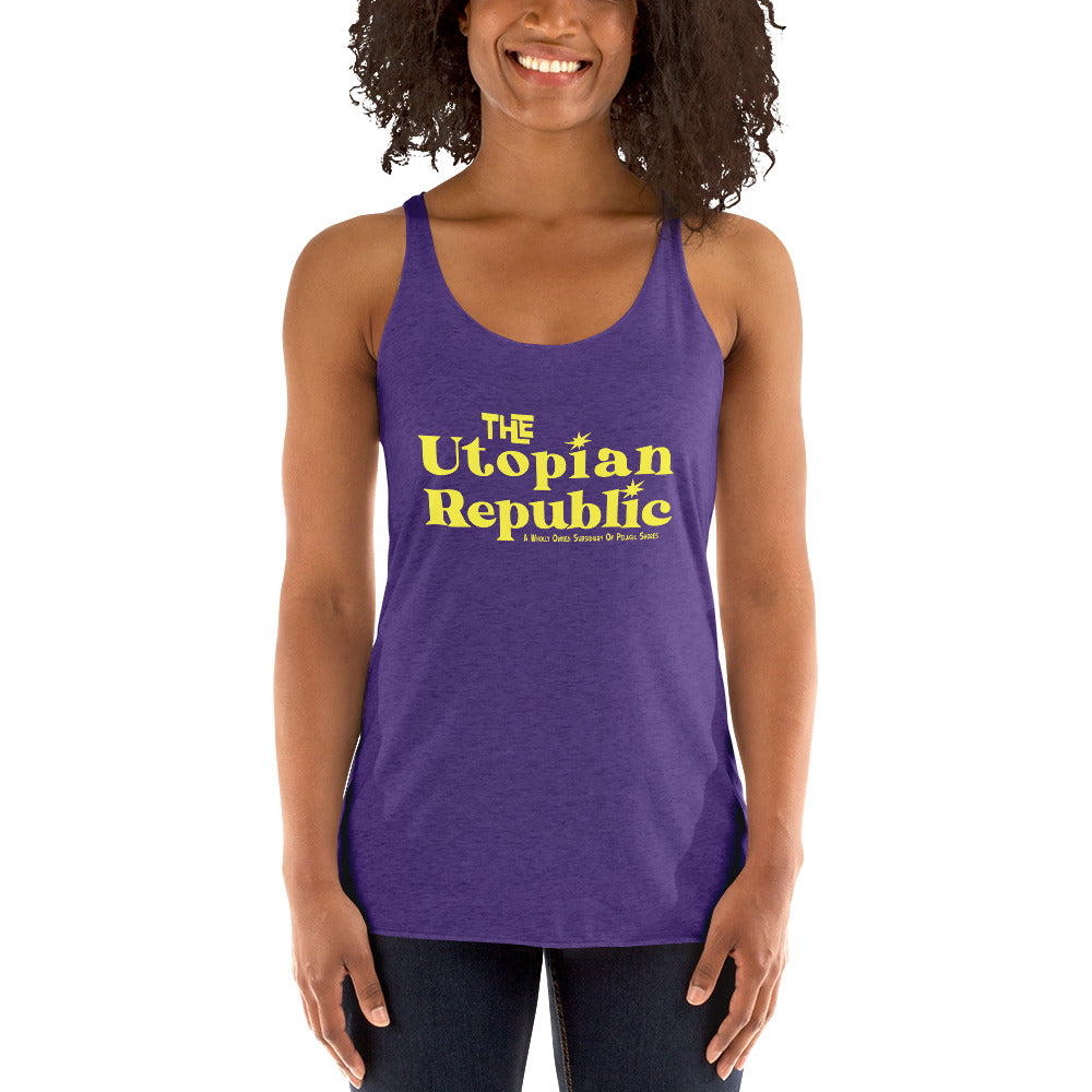 Woman wearing a purple tank top with 'The Utopian Republic' text on a white background