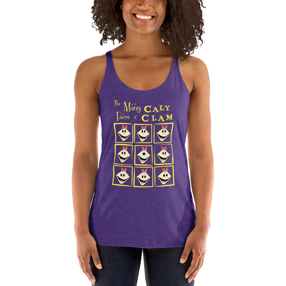 Person wearing a purple tank top with the many faces of caly clam design on a white background