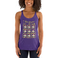 Person wearing a purple tank top with the many faces of caly clam design on a white background