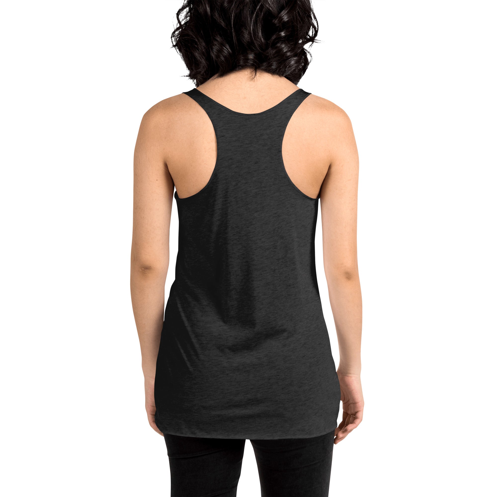 Person wearing a black tank top on a white background