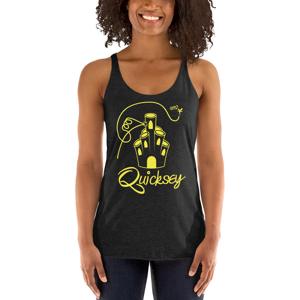Woman wearing a black tank top with yellow graphic and text on a white background