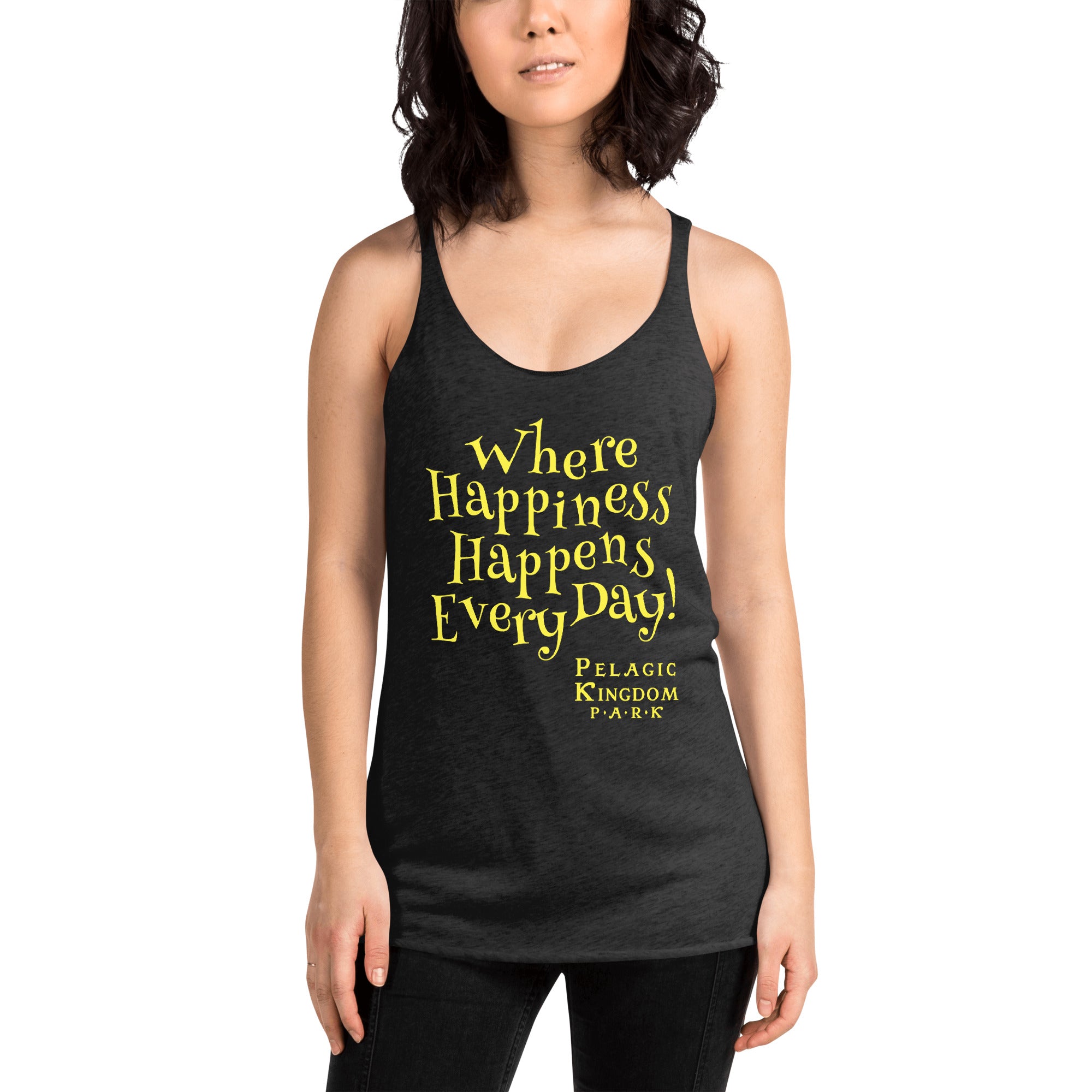Woman wearing a black tank top with the phrase ‘Where happiness happens every day!' on a white background