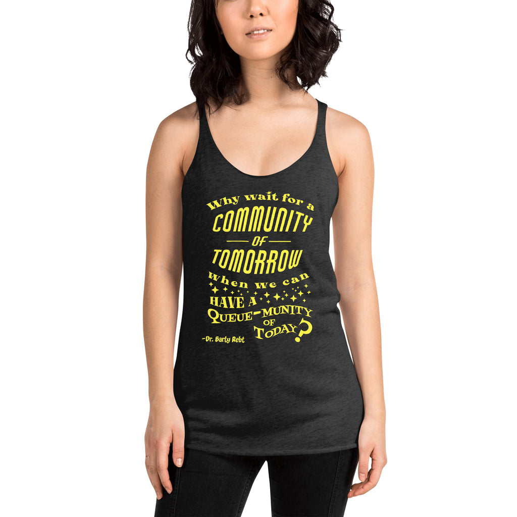 Black tank top with yellow text worn by a person on a white background