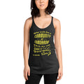 Black tank top with yellow text worn by a person on a white background