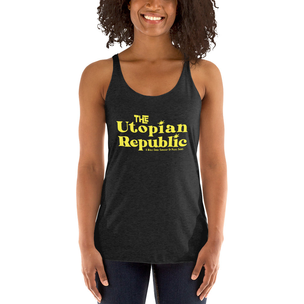 Woman wearing a black tank top with 'The Utopian Republic' logo on a white background