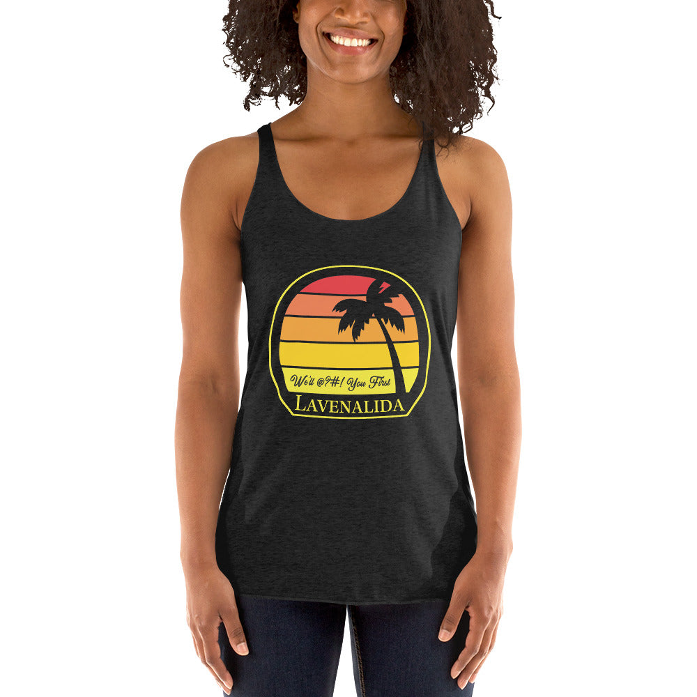 Woman wearing a black tank top with a palm tree design and 'LAVENALIDA' text.
