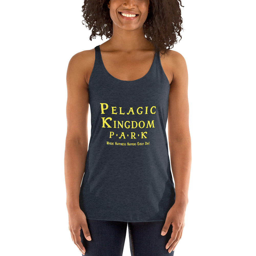 Woman wearing a tank top with 'Pelagic Kingdom Park' text on a white background