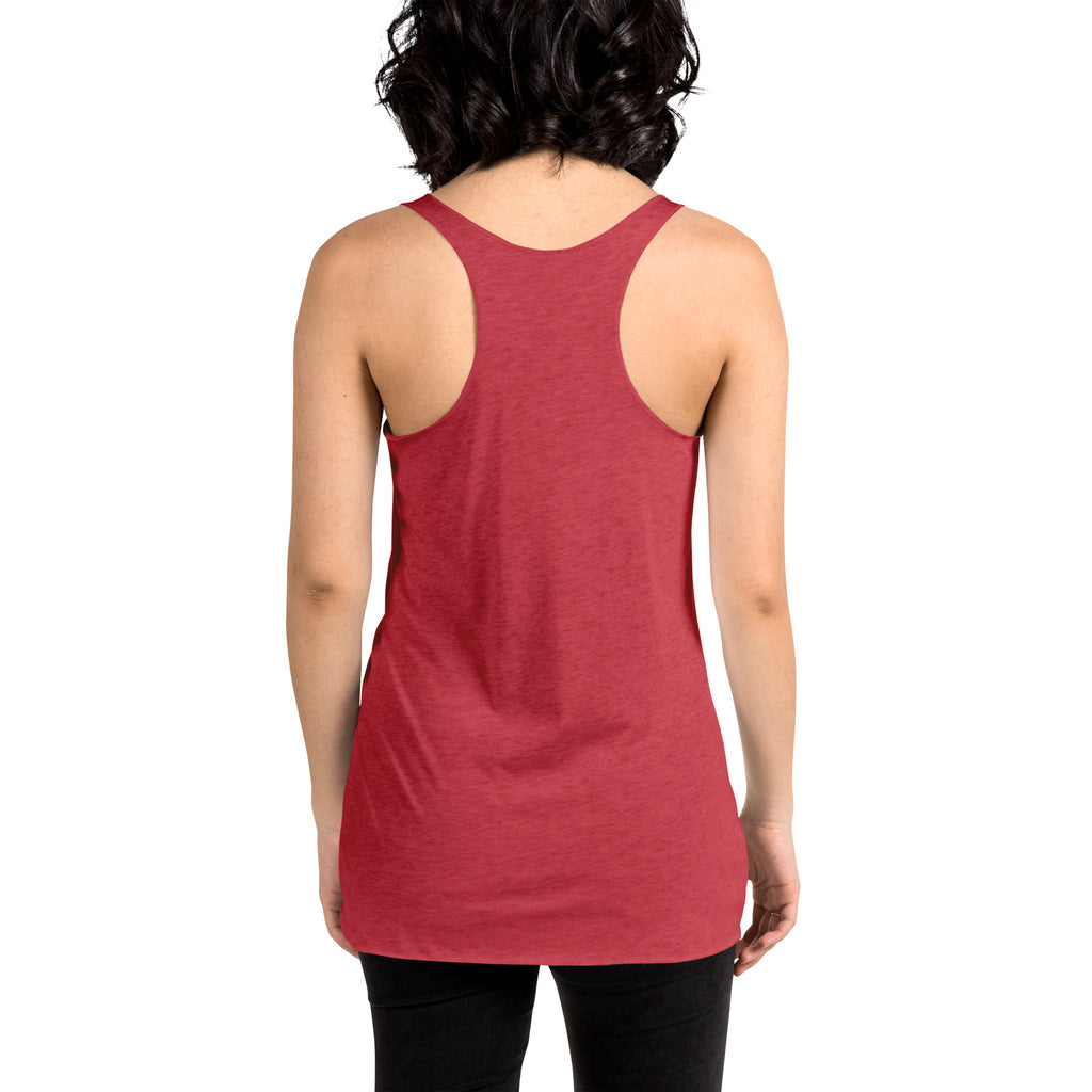 Woman modeling the back of a red racerback tank with nothing printed on it